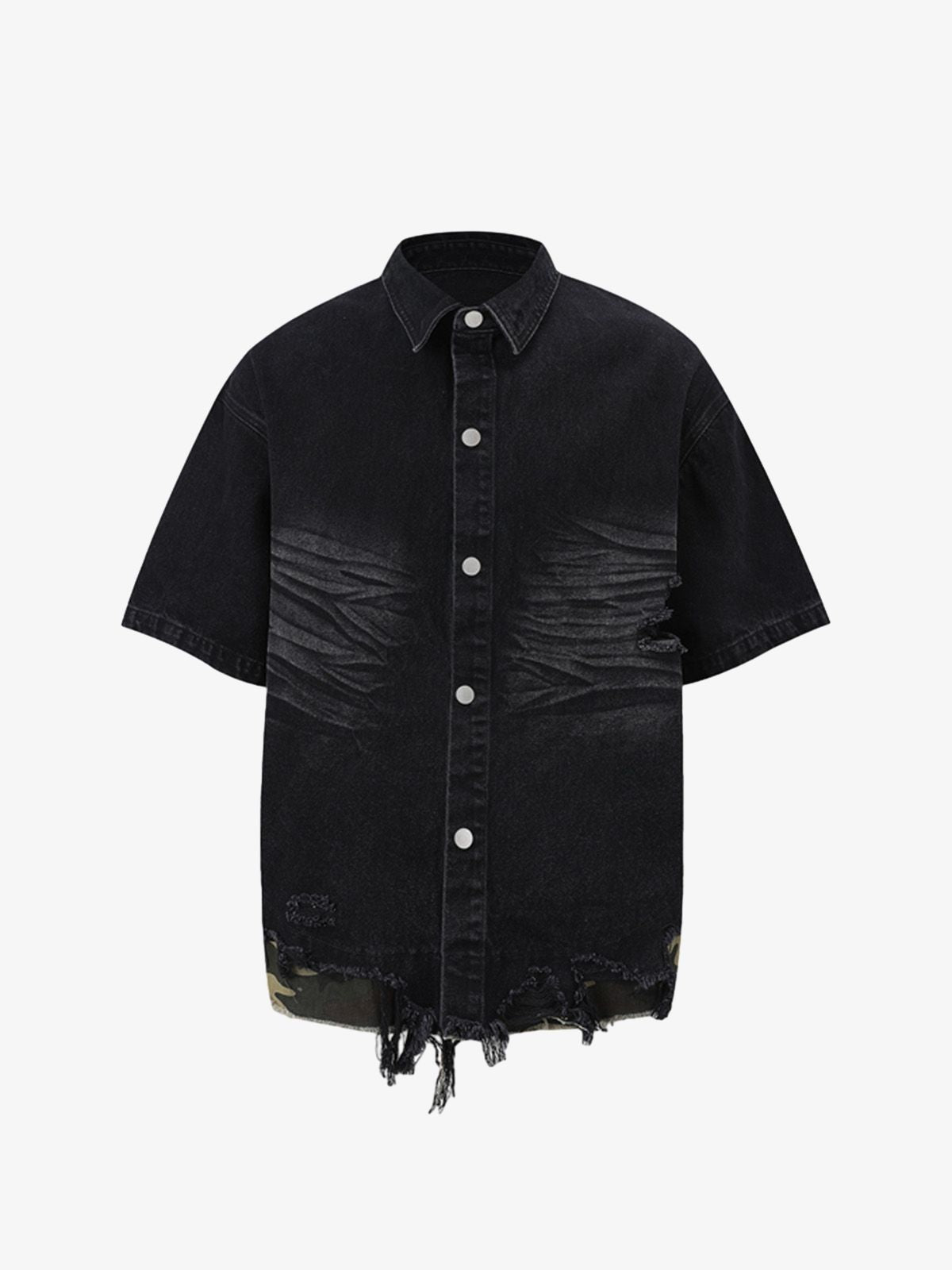 Distressed Denim Ripped Short-Sleeve Shirt