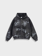 Men's Graffiti Print Washed Zip-Up Hoodie