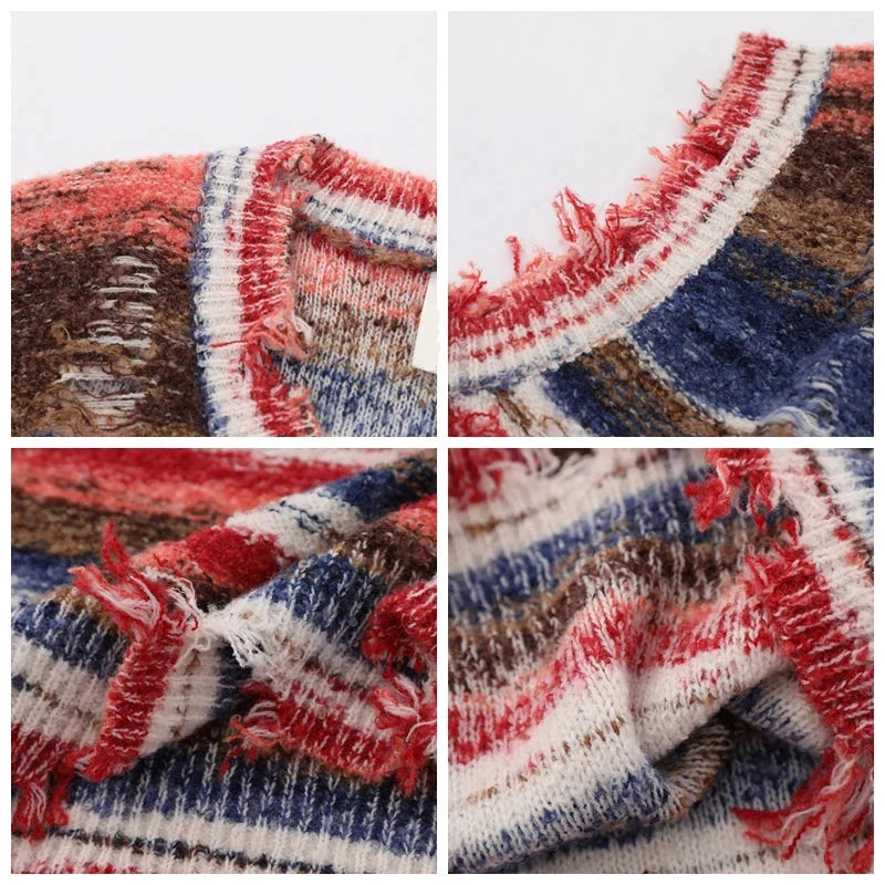Baggy Knitted Sweater Vest Vintage Gradient Stripe Washed