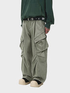 Oversized Wrinkled Cargo Denim Pants Elastic Waist