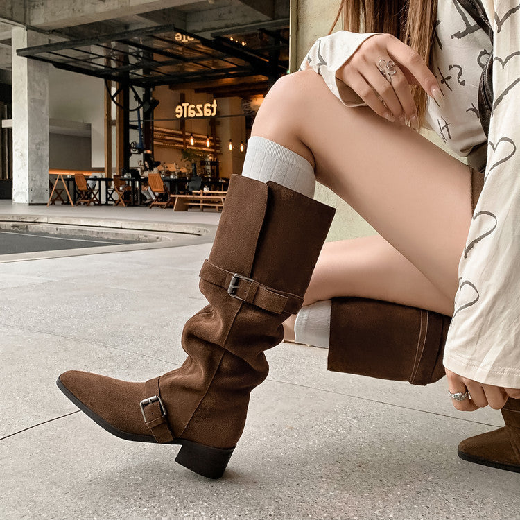 Women's Retro Suede Knee-High Cowboy Boots with Buckle Straps