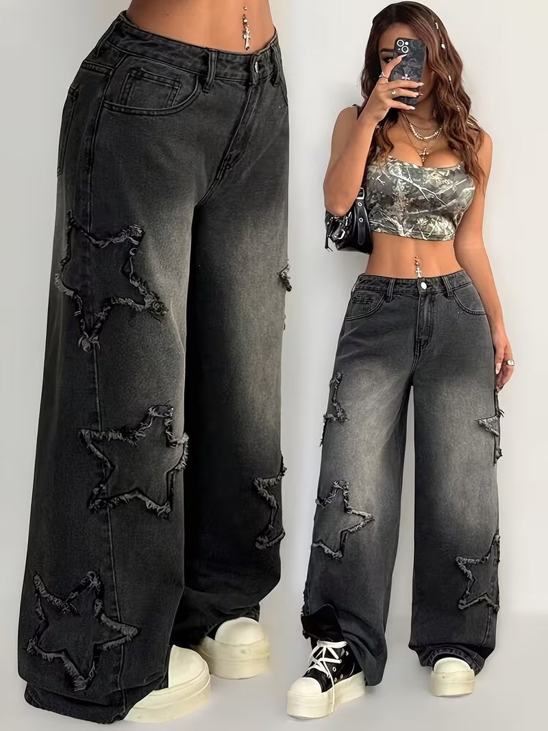 Womens Star-patchwork Wide-leg Denim Jeans