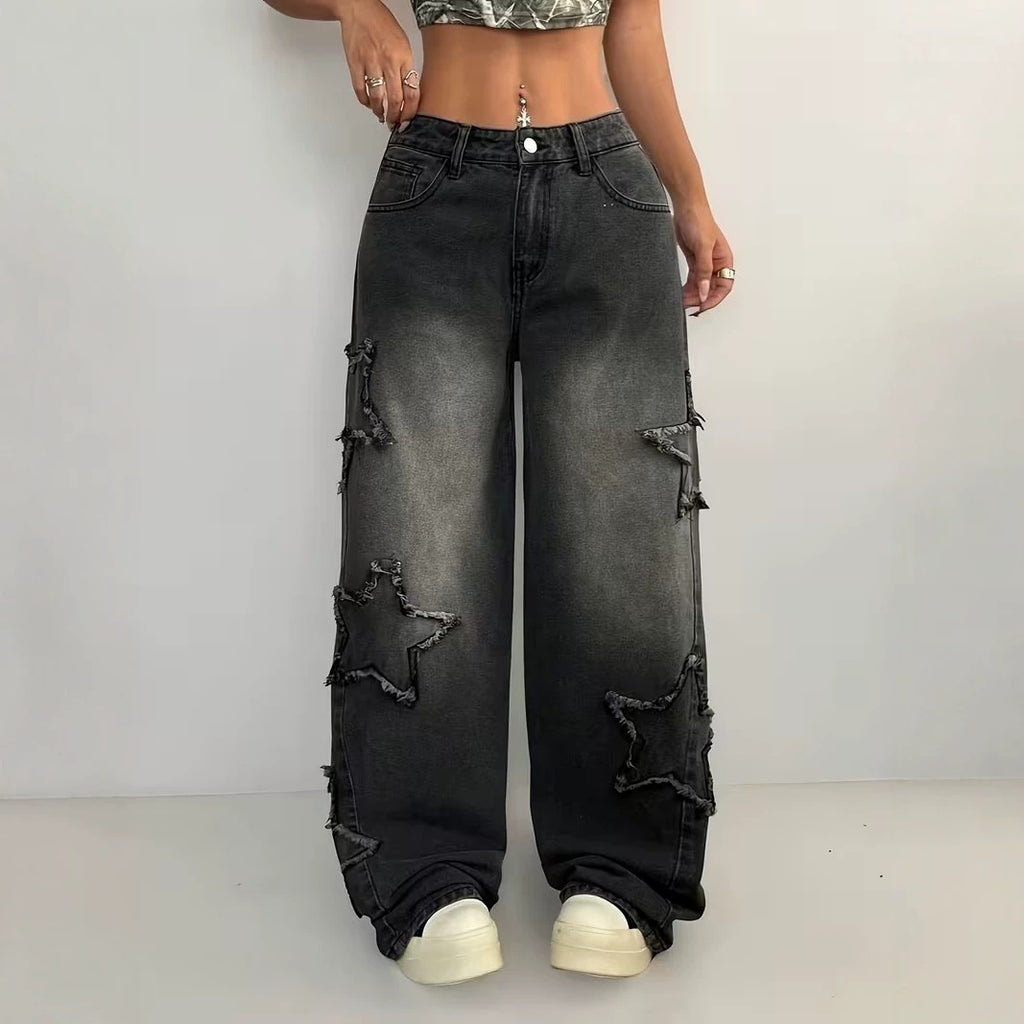 Womens Star-patchwork Wide-leg Denim Jeans