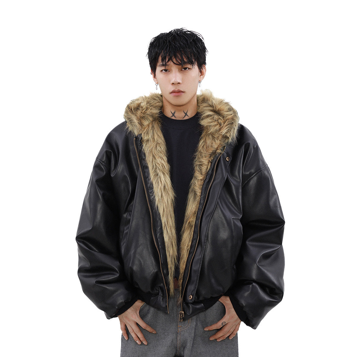 Men’s Reversible Faux Fur Hooded Oversized Bomber Jacket