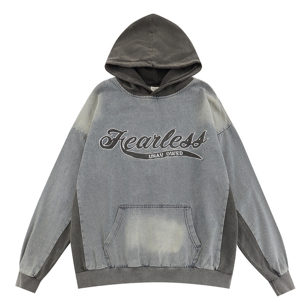 Vintage Color block Denim Hoodie
