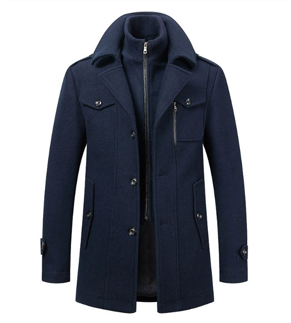 Men’s Long Wool Blend Overcoat | Double Collar Business Casual Winter Coat