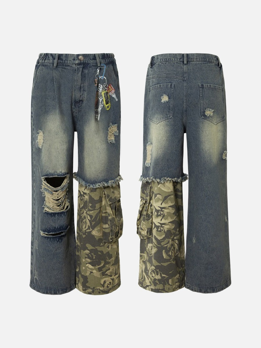 Distressed Camouflage Wide-Leg Jeans