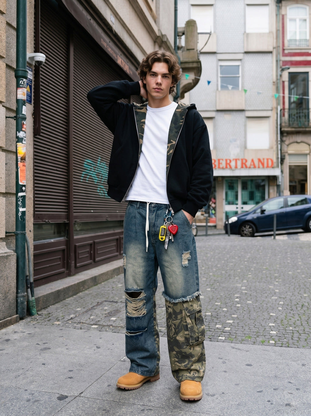 Distressed Camouflage Wide-Leg Jeans
