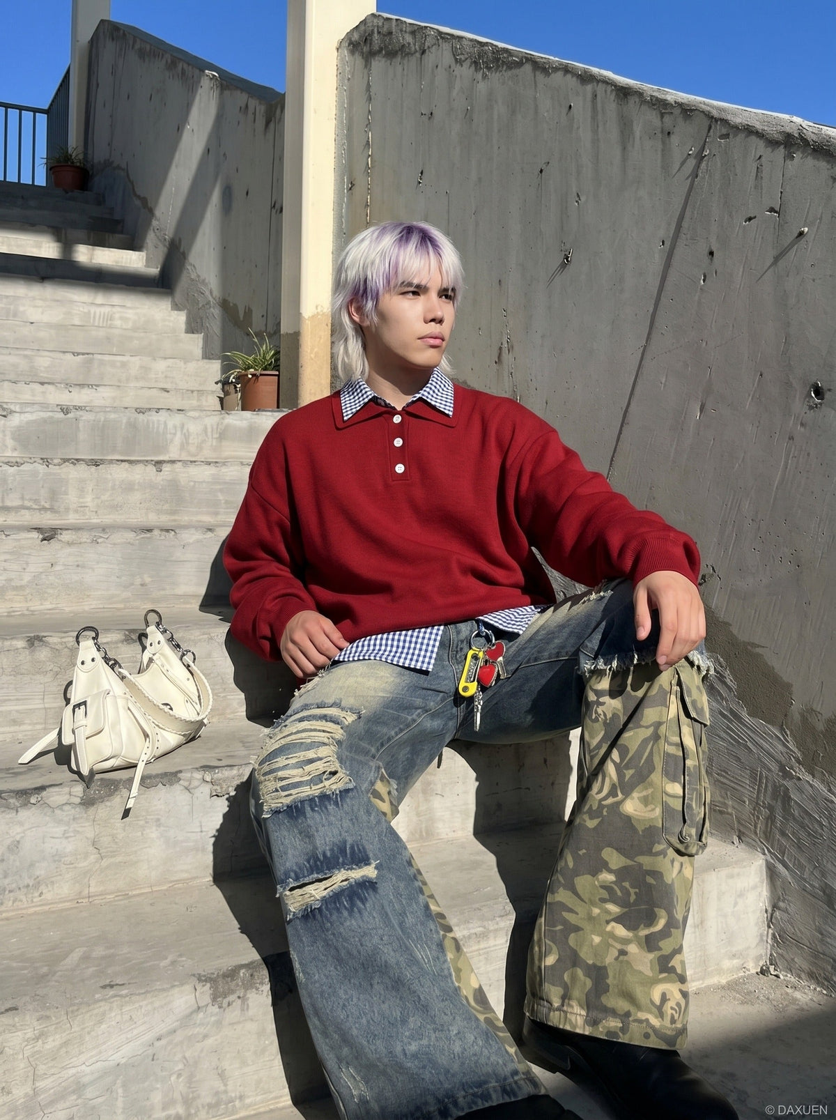 Distressed Camouflage Wide-Leg Jeans