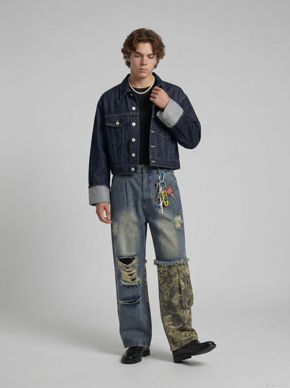 Distressed Camouflage Wide-Leg Jeans