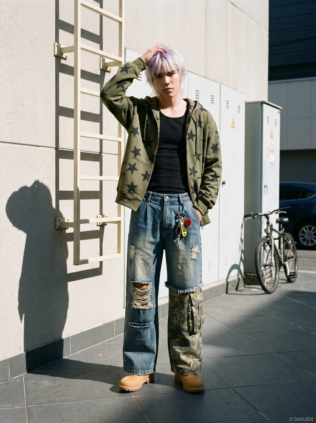 Distressed Camouflage Wide-Leg Jeans