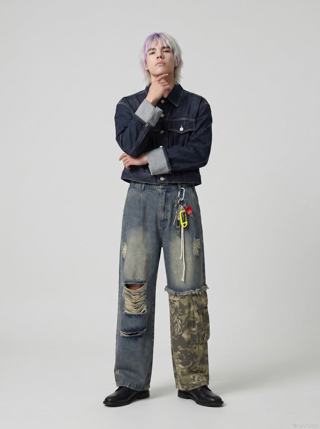 Distressed Camouflage Wide-Leg Jeans