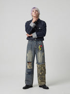 Distressed Camouflage Wide-Leg Jeans