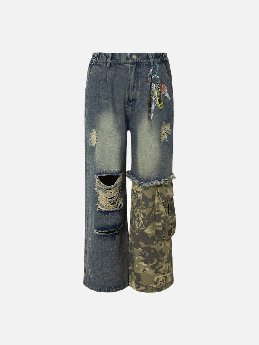 Distressed Camouflage Wide-Leg Jeans