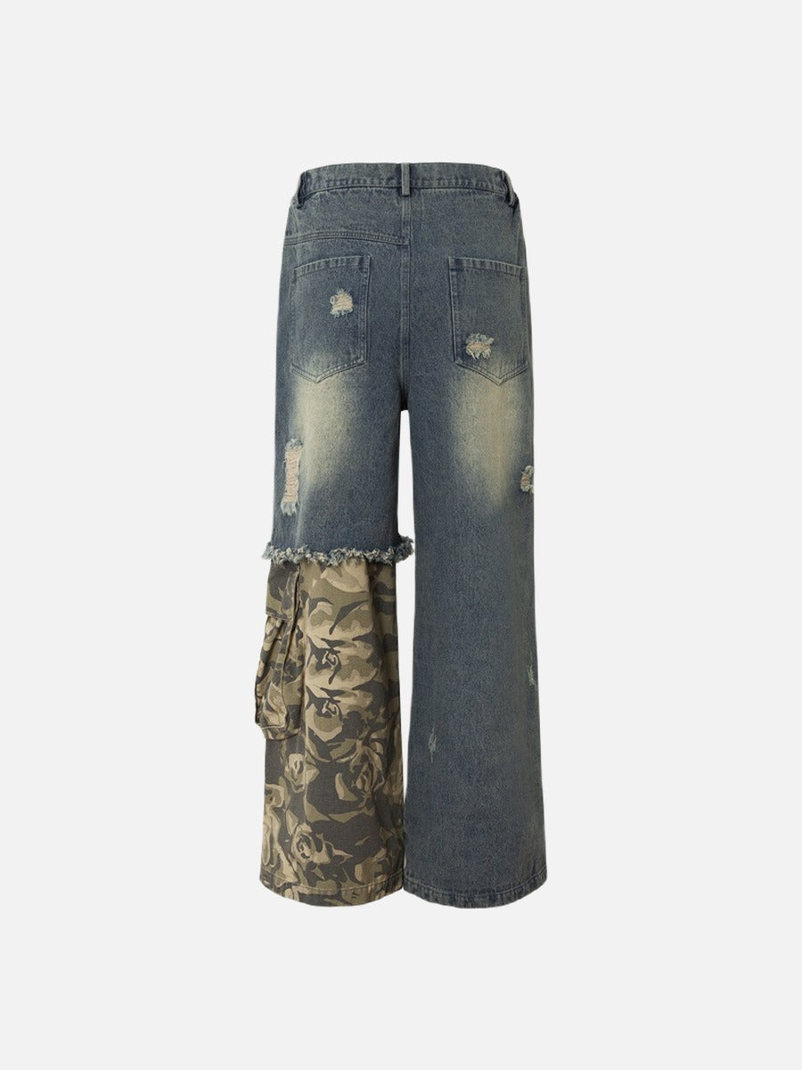 Distressed Camouflage Wide-Leg Jeans