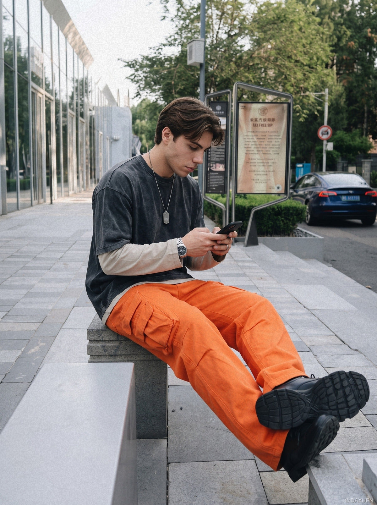 Orange Wide-Leg Cargo Trousers