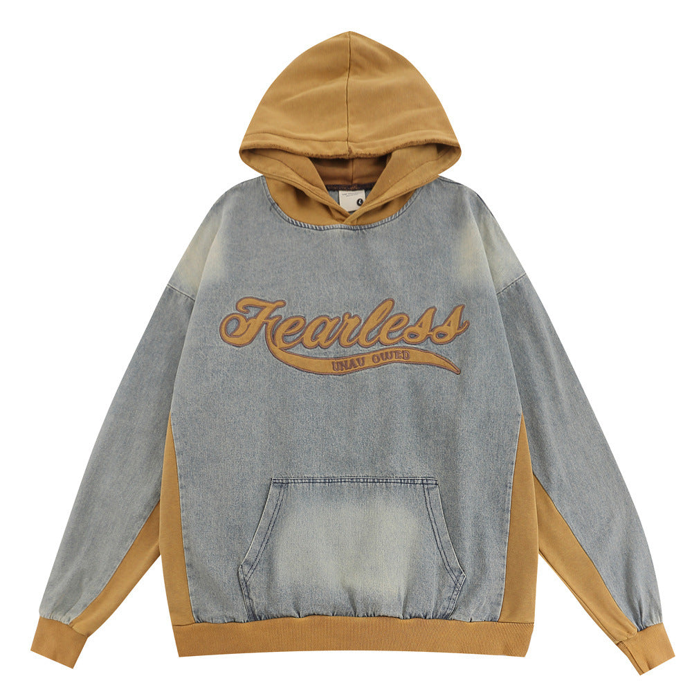 Vintage Color block Denim Hoodie