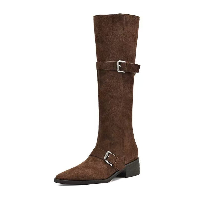 Women's Retro Suede Knee-High Cowboy Boots with Buckle Straps