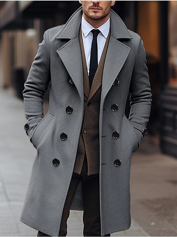 Men’s Long Double-Breasted Wool Blend Overcoat|Business/Casual Winter Coat