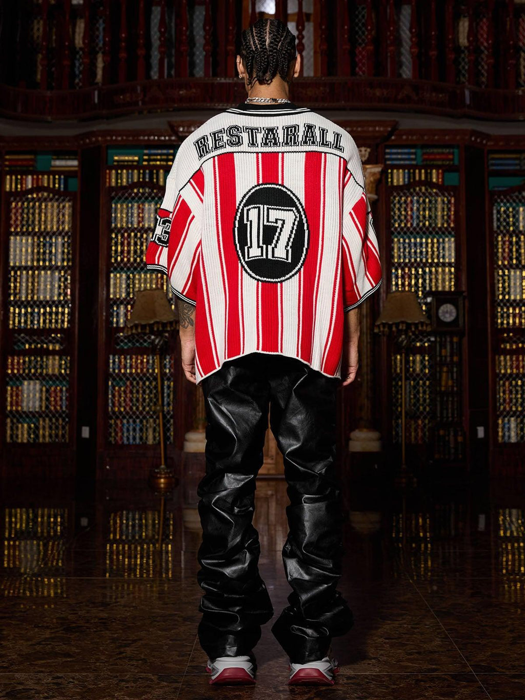 Jersey de punto rojo a rayas de manga corta para hombre