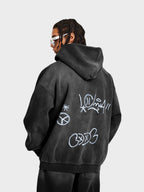 Men's Graffiti Print Washed Zip-Up Hoodie