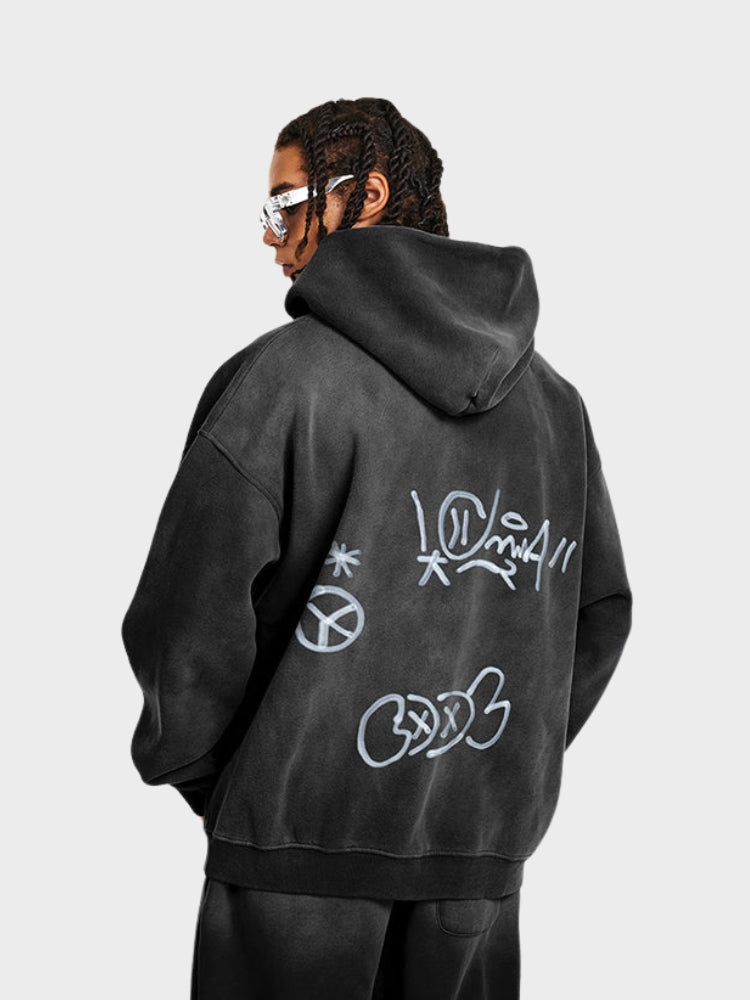Men's Graffiti Print Washed Zip-Up Hoodie