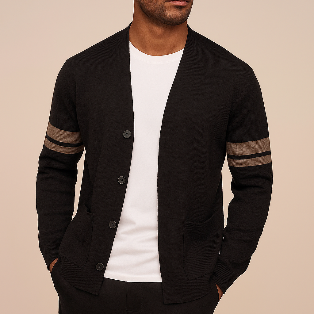 Men’s merino blend cardigan with striped sleeves and patch pockets