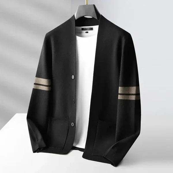 Men’s merino blend cardigan with striped sleeves and patch pockets