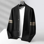Men’s merino blend cardigan with striped sleeves and patch pockets