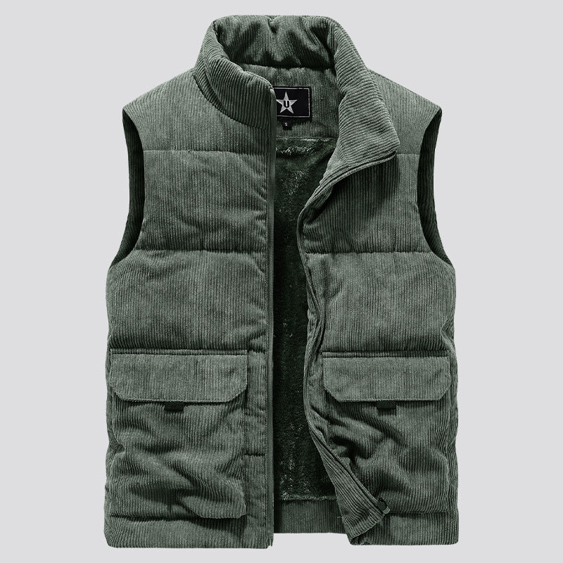 Men’s Corduroy Fleece-Lined Multi-Pocket Winter Puffer Gilet