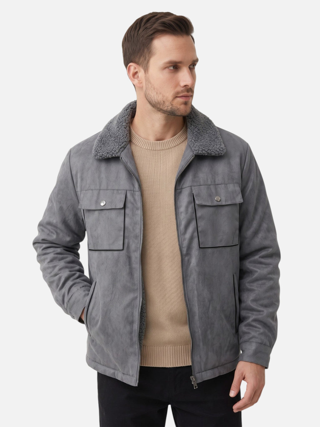 Men's Suede-Effect Jacket with Sherpa Lining