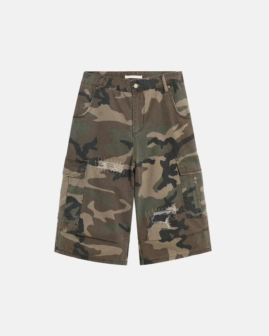 Postarzane szorty cargo w stylu retro z wzorem moro