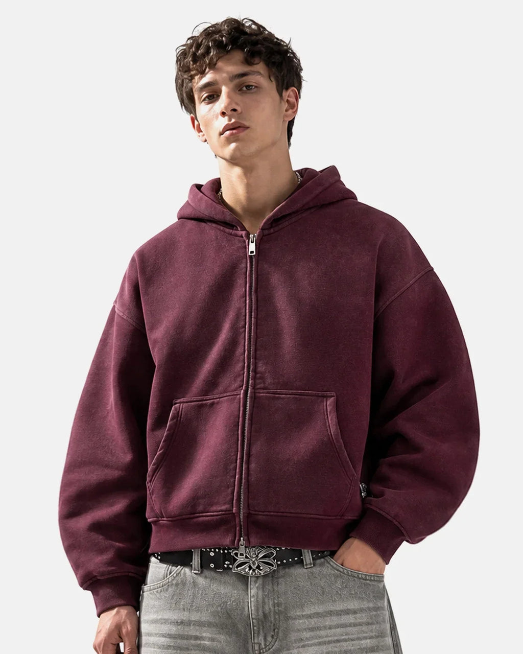 Monkey Washed Fleece Boxy Zip-Up Hoodie